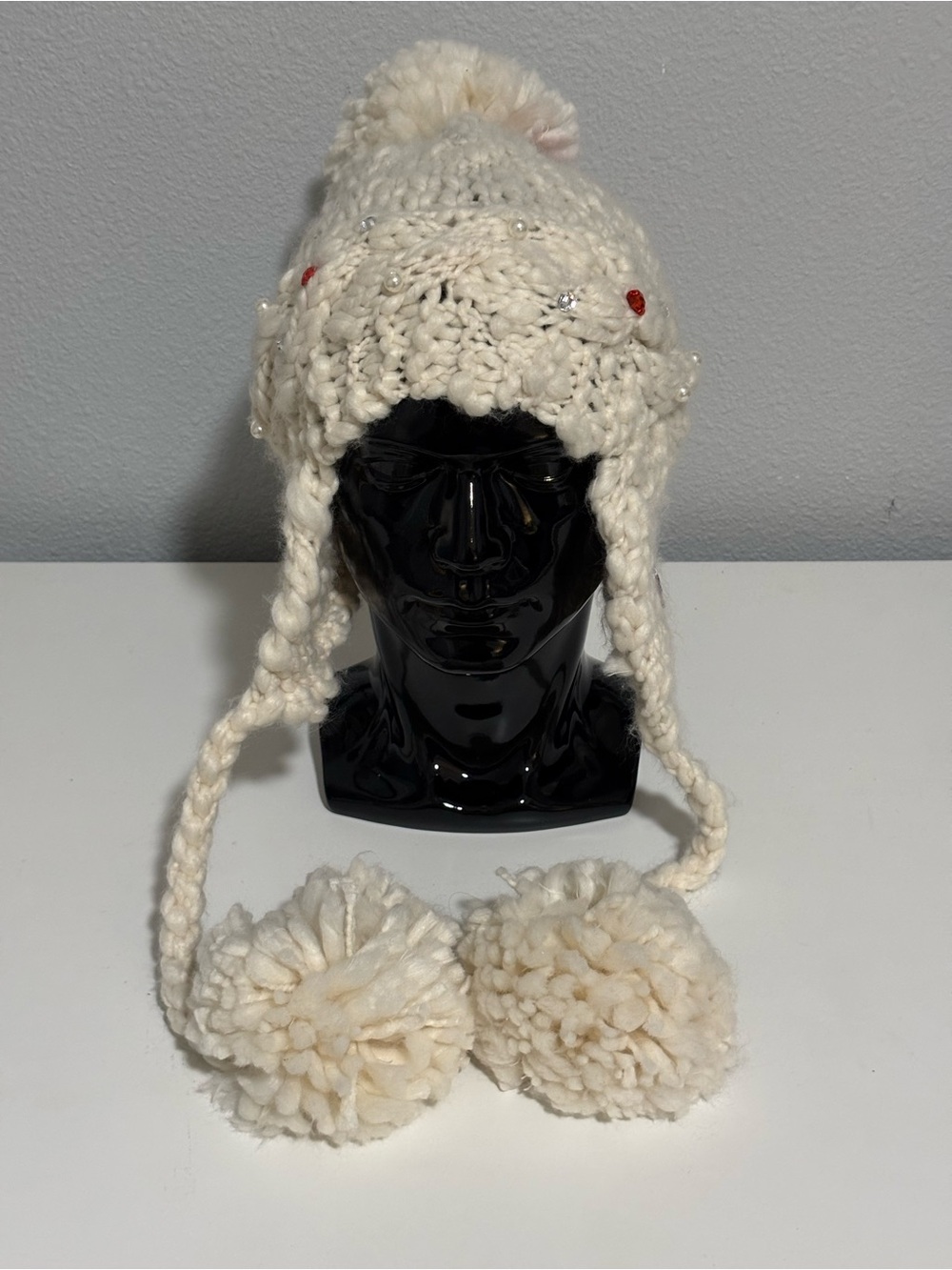 Betsey Johnson Ivory Chunky Knit Earflap Beanie Hat